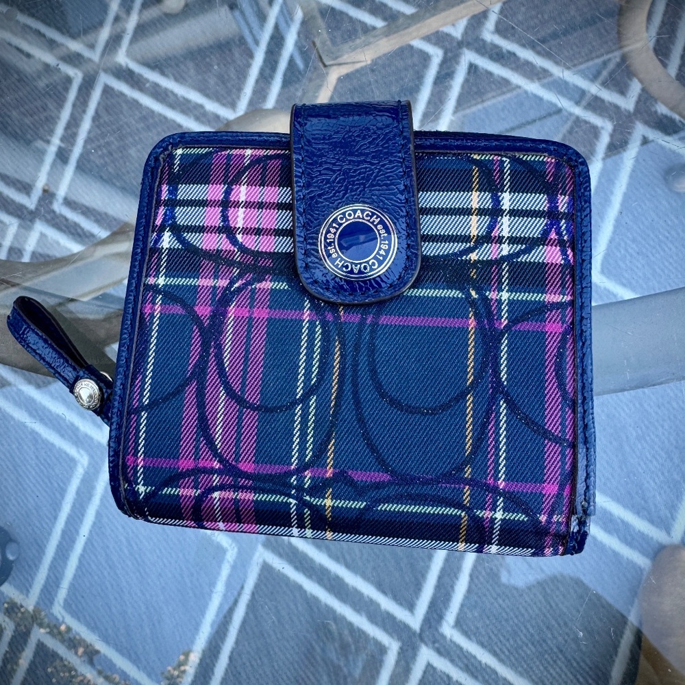Coach Poppy Tartan Blue & Pink Plaid Compact Snap Wallet, Canvas & Leather EUC